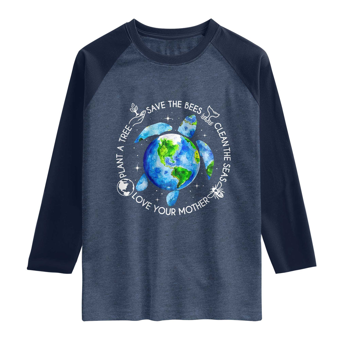 Earth Day Sea Turtle Raglan Shirt Save Bees Plant Trees Clean Seas Environmentalist TS14 Heather Denim Navy Print Your Wear