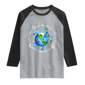 Earth Day Sea Turtle Raglan Shirt Save Bees Plant Trees Clean Seas Environmentalist TS14 Heather Gray Black Print Your Wear