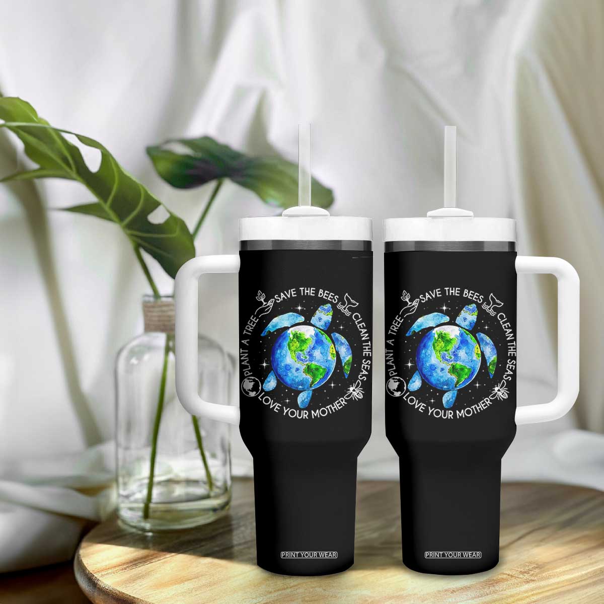 Earth Day Sea Turtle Tumbler With Handle Save Bees Plant Trees Clean Seas Environmentalist TS14 Print Your Wear