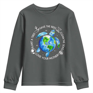 Earth Day Sea Turtle Youth Sweatshirt Save Bees Plant Trees Clean Seas Environmentalist TS14 Dark Heather Print Your Wear