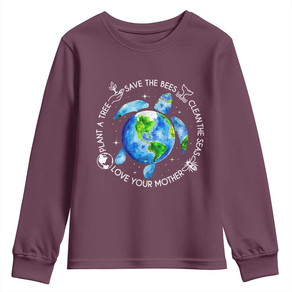 Earth Day Sea Turtle Youth Sweatshirt Save Bees Plant Trees Clean Seas Environmentalist TS14 Maroon Print Your Wear