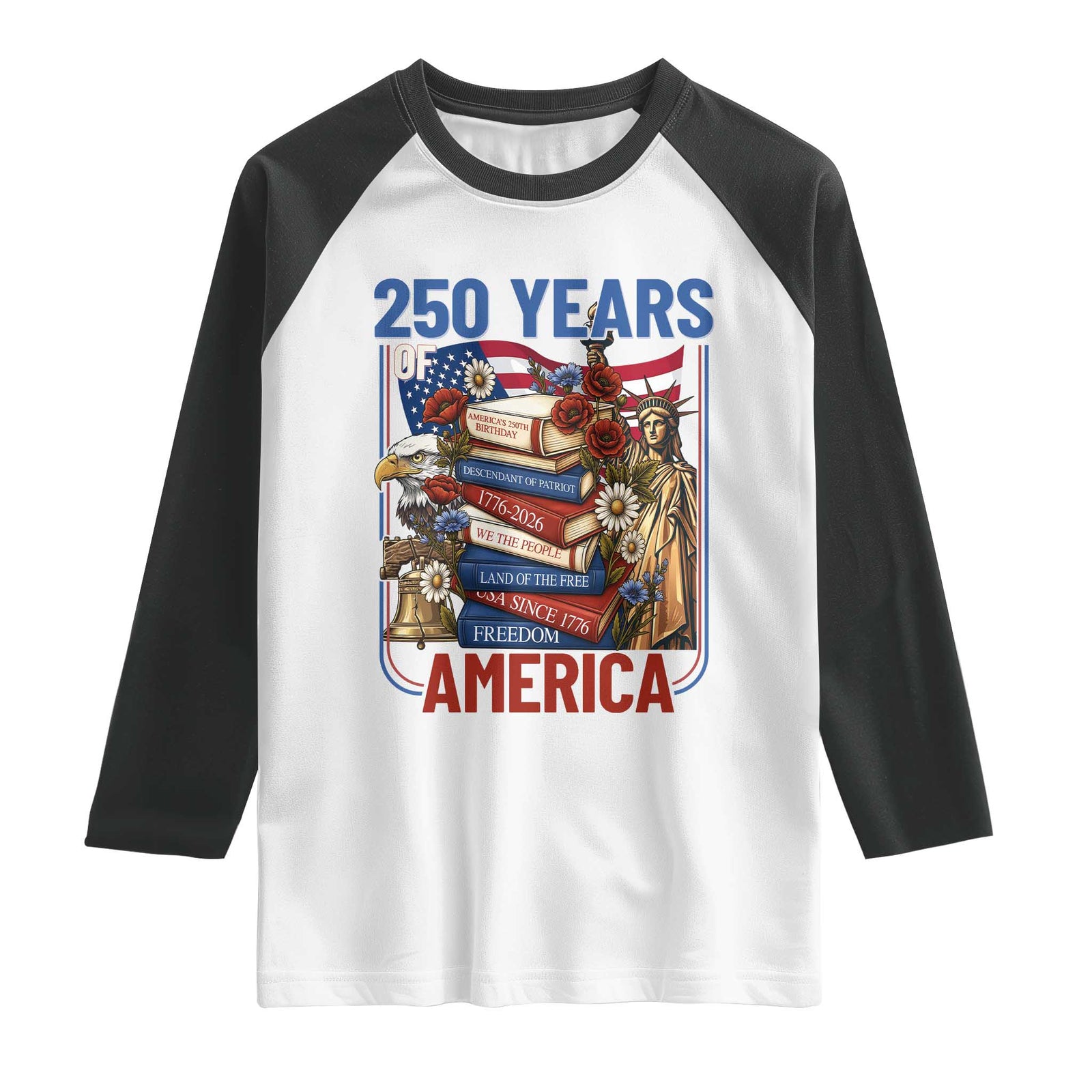 250 Years American Anniversary Raglan Shirt Patriotic Book Reader 4th of July TS14 White Black Print Your Wear
