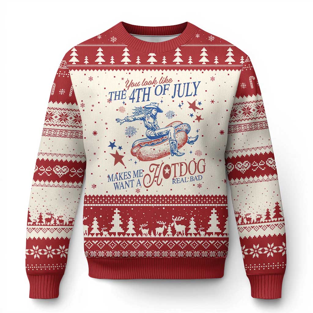 Western Cowgirl You Look Like the 4th of July Ugly Christmas Sweater Makes Me Want A Hot Dog Real Bad TS14 Beige Red Print Your Wear
