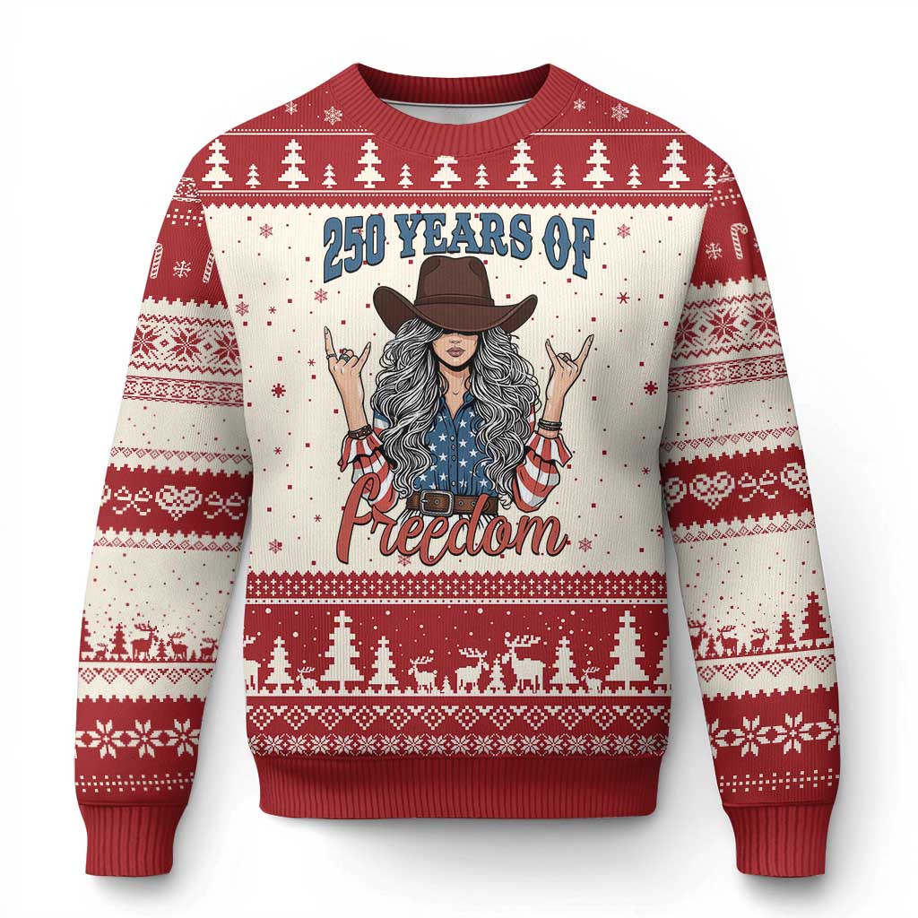 250th Anniversary USA Ugly Christmas Sweater Western Cowgirl American Flag 4th of July TS14 Beige Red Print Your Wear