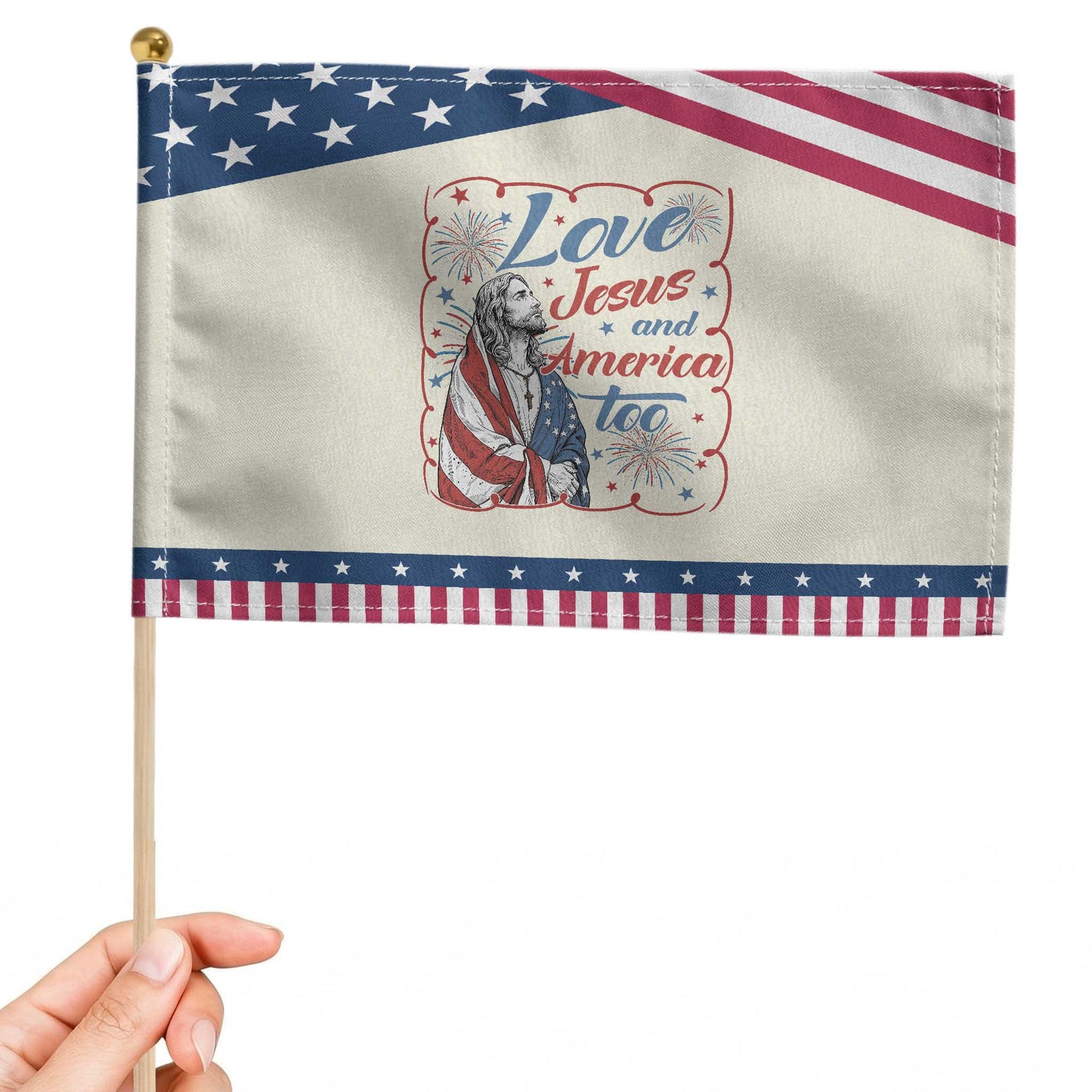 Loves Jesus and America Too Patriotic Handheld Flag Christian Jesus 4th of July TS14 Modern 8.2