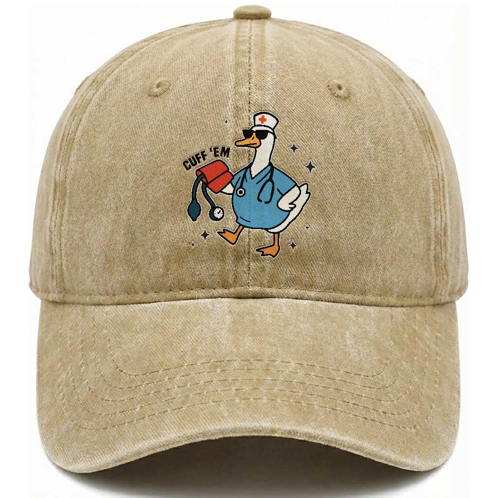 Funny Silly Goose ER Nurse Washed Cotton Baseball Cap Cuff 'Em TS14 Washed Cap Universal Fit Khaki Print Your Wear