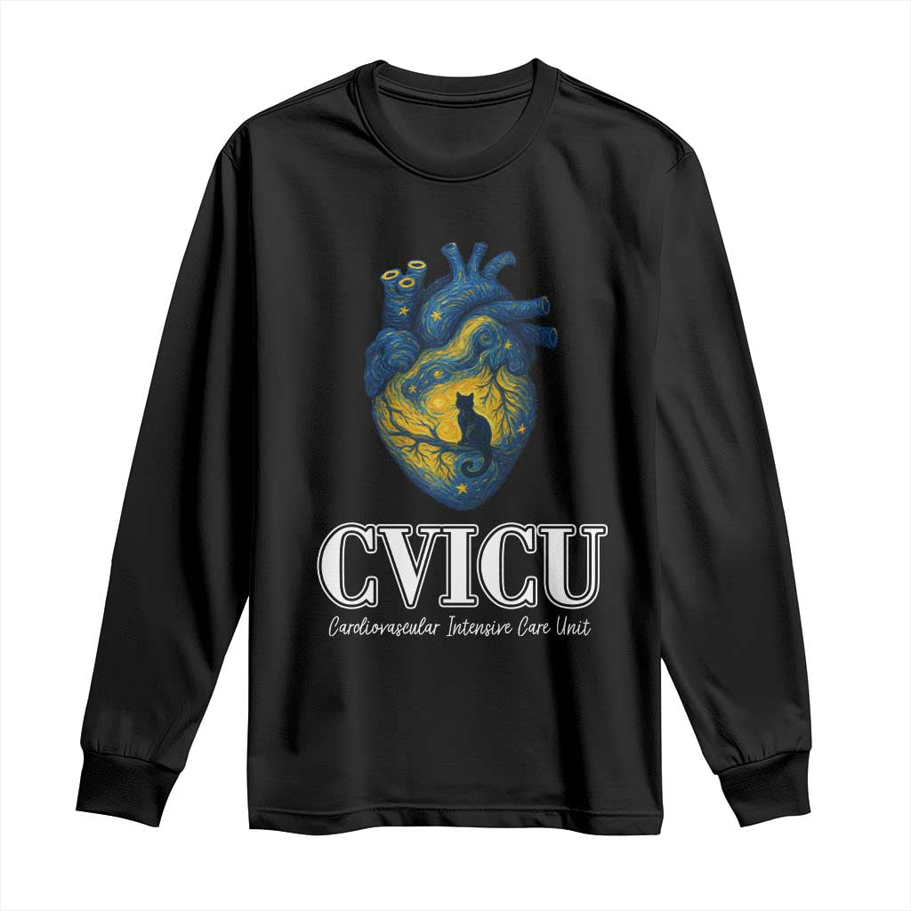 CVICU Nurse Cat Starry Night Long Sleeve Shirt Cardiovascular Intensive Care Unit TS14 Black Print Your Wear