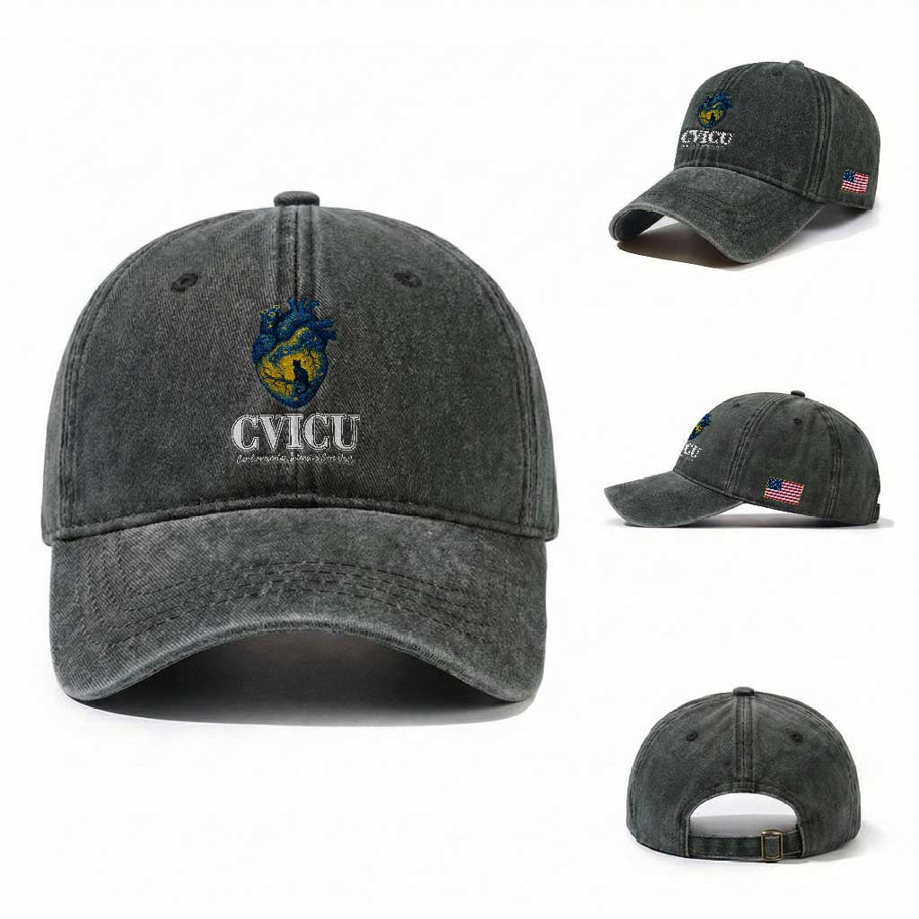 CVICU Nurse Cat Starry Night Washed Cotton Baseball Cap Cardiovascular Intensive Care Unit TS14 Washed Cap Universal Fit Dark Green Print Your Wear