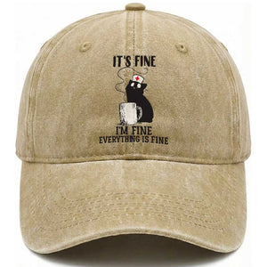Funny Cat Nurse Washed Cotton Baseball Cap It Is Fine I Am Fine Everything Is Fine TS14 Washed Cap Universal Fit Khaki Print Your Wear