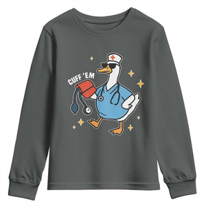 Cuff 'Em ER Nurse Youth Sweatshirt Funny Silly Goose Meme TS14 Dark Heather Print Your Wear