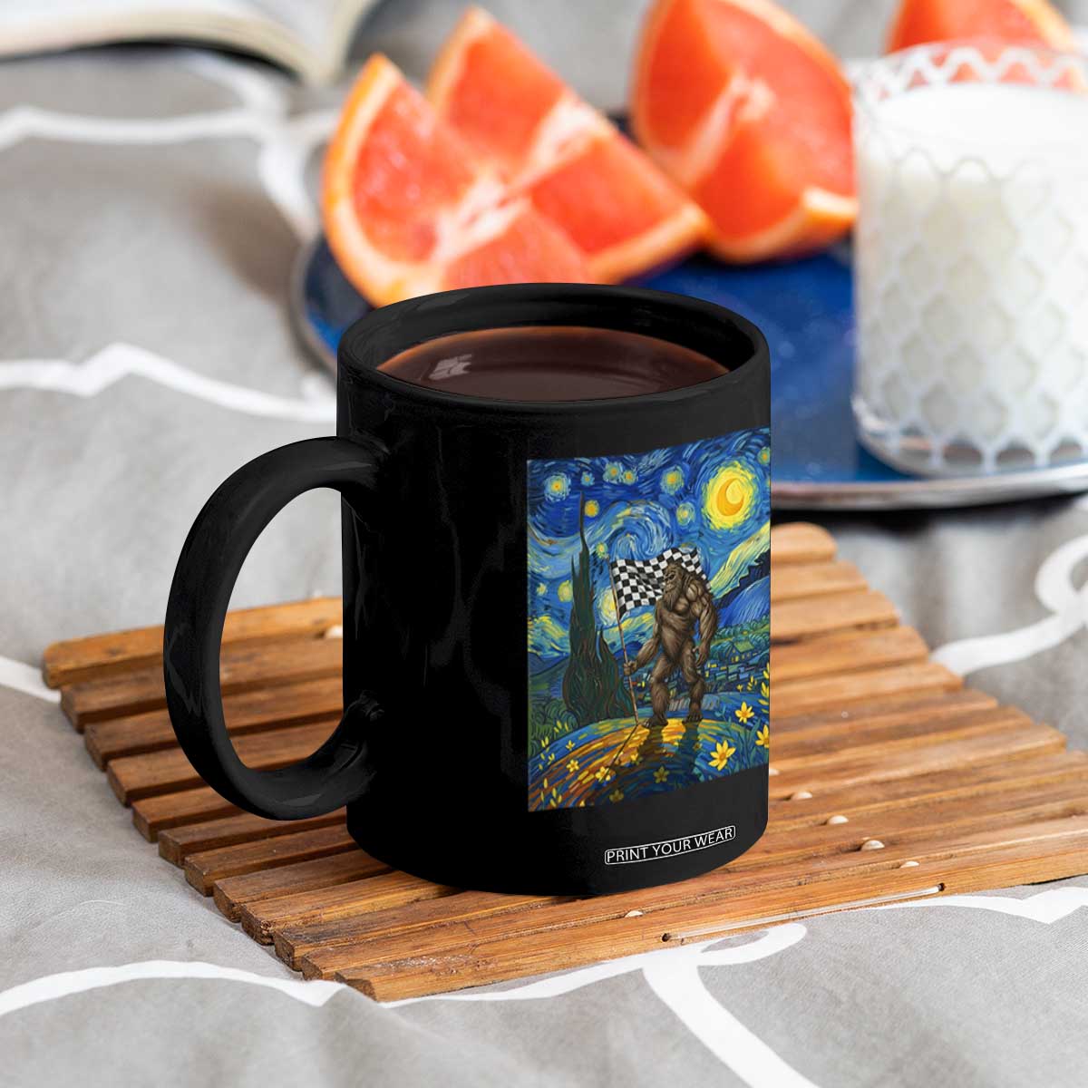 Bigfoot Racing Coffee Mug Sasquatch Checkered Flag Starry Night Van Gogh TS14 Print Your Wear
