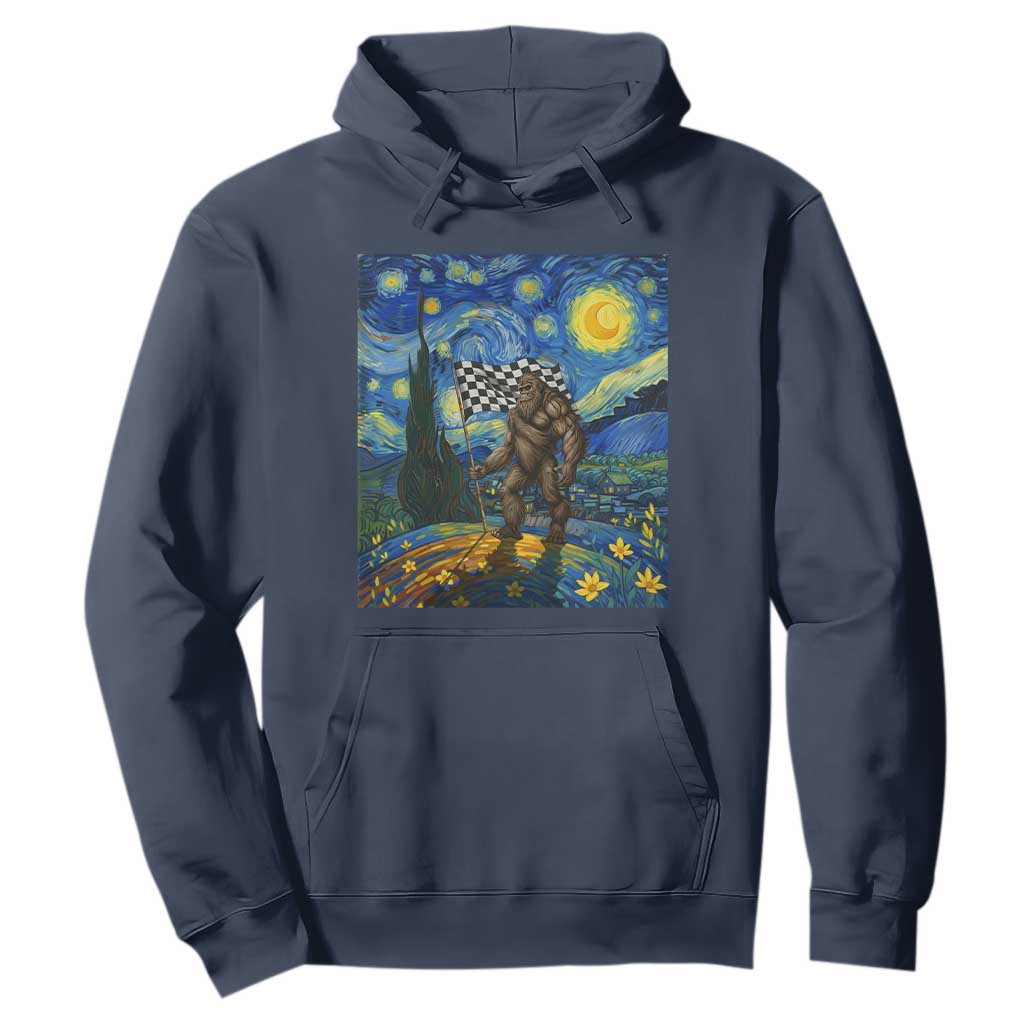 Bigfoot Racing Hoodie Sasquatch Checkered Flag Starry Night Van Gogh TS14 Navy Print Your Wear