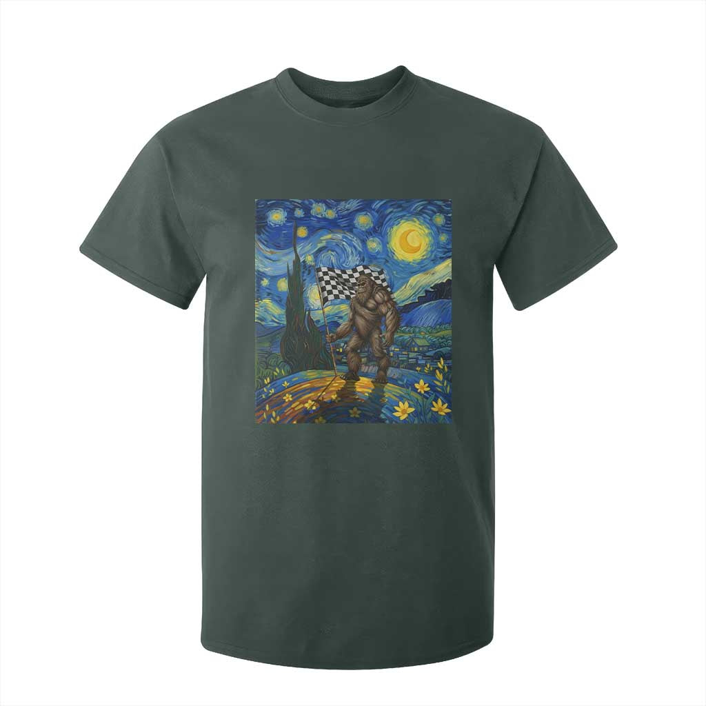 Bigfoot Racing T Shirt For Kid Sasquatch Checkered Flag Starry Night Van Gogh TS14 Dark Forest Green Print Your Wear