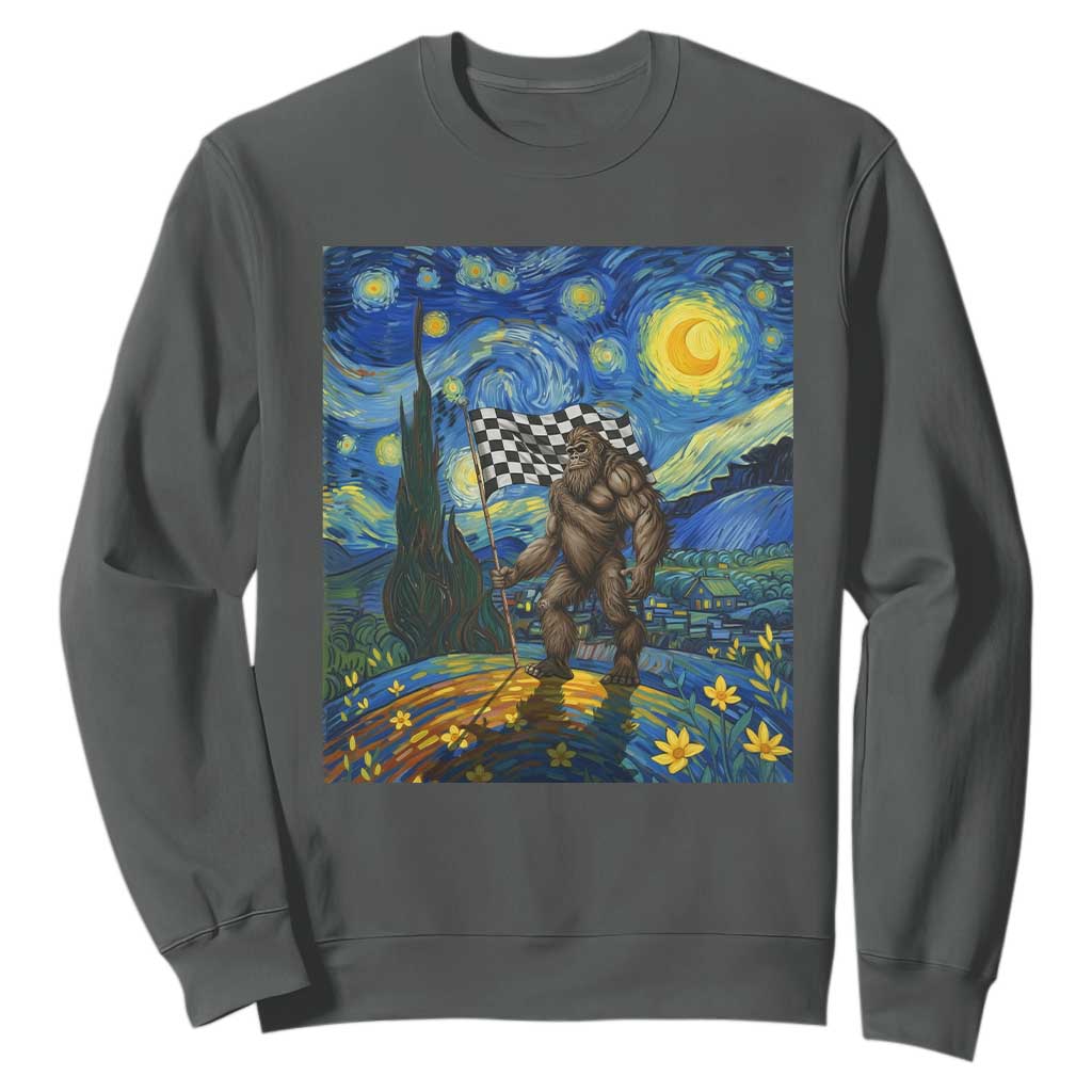 Bigfoot Racing Sweatshirt Sasquatch Checkered Flag Starry Night Van Gogh TS14 Dark Heather Print Your Wear
