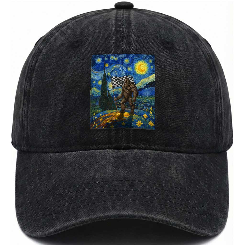 Bigfoot Racing Washed Cotton Baseball Cap Sasquatch Checkered Flag Starry Night Van Gogh TS14 Washed Cap Universal Fit Black Print Your Wear