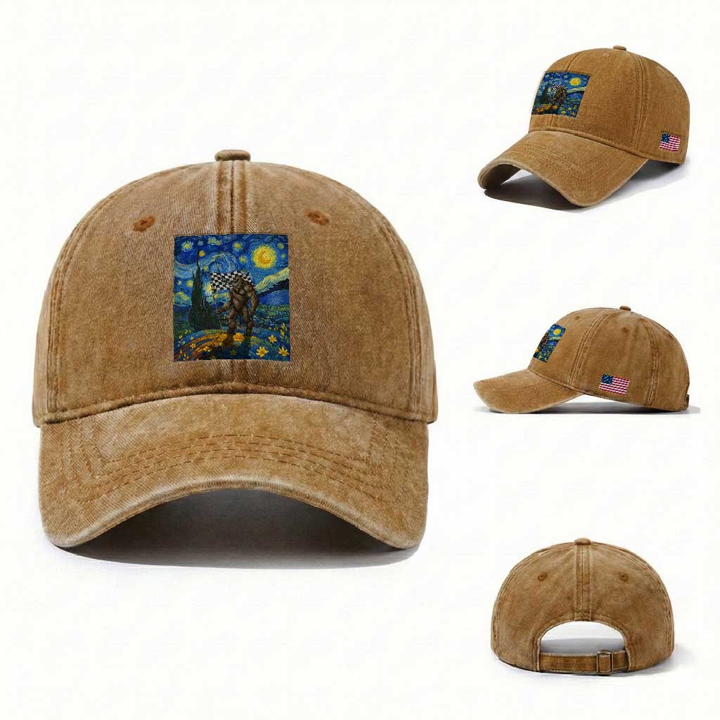 Bigfoot Racing Washed Cotton Baseball Cap Sasquatch Checkered Flag Starry Night Van Gogh TS14 Washed Cap Universal Fit Yellow Ochre Print Your Wear
