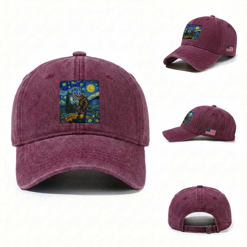 Bigfoot Racing Washed Cotton Baseball Cap Sasquatch Checkered Flag Starry Night Van Gogh TS14 Washed Cap Universal Fit Burgundy Print Your Wear