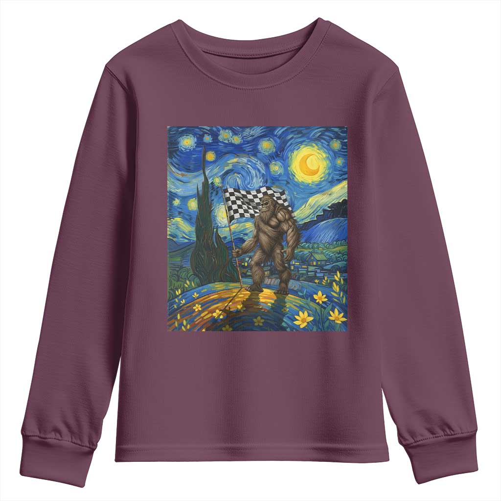 Bigfoot Racing Youth Sweatshirt Sasquatch Checkered Flag Starry Night Van Gogh TS14 Maroon Print Your Wear