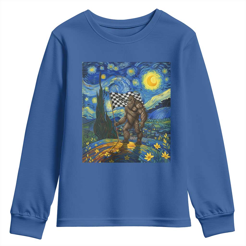 Bigfoot Racing Youth Sweatshirt Sasquatch Checkered Flag Starry Night Van Gogh TS14 Royal Blue Print Your Wear