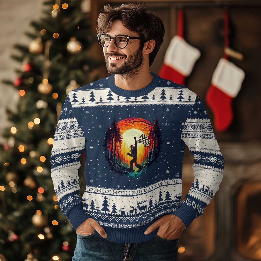 Bigfoot Racing Ugly Christmas Sweater Sasquatch Checkered Flag TS14 Navy Beige Print Your Wear