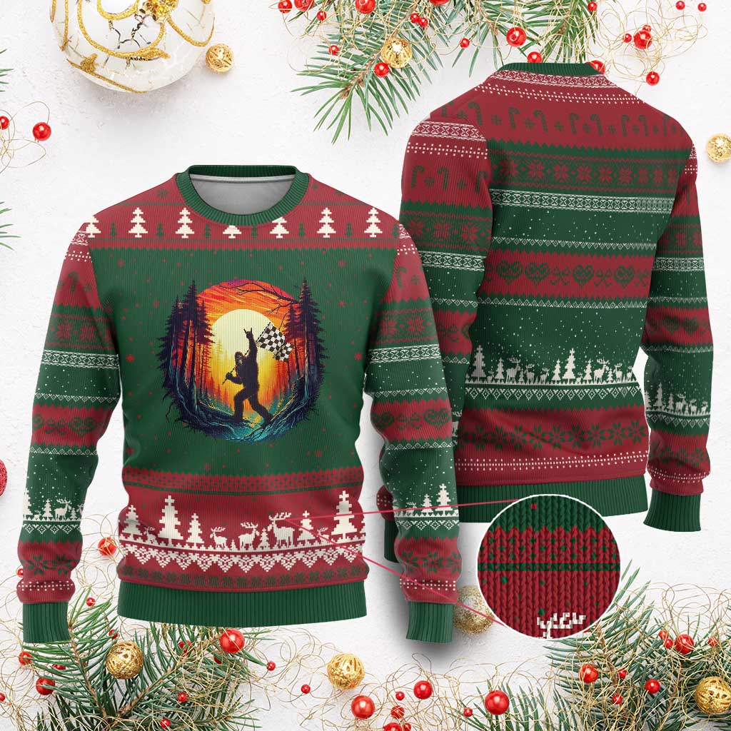 Bigfoot Racing Ugly Christmas Sweater Sasquatch Checkered Flag TS14 Red Green Print Your Wear