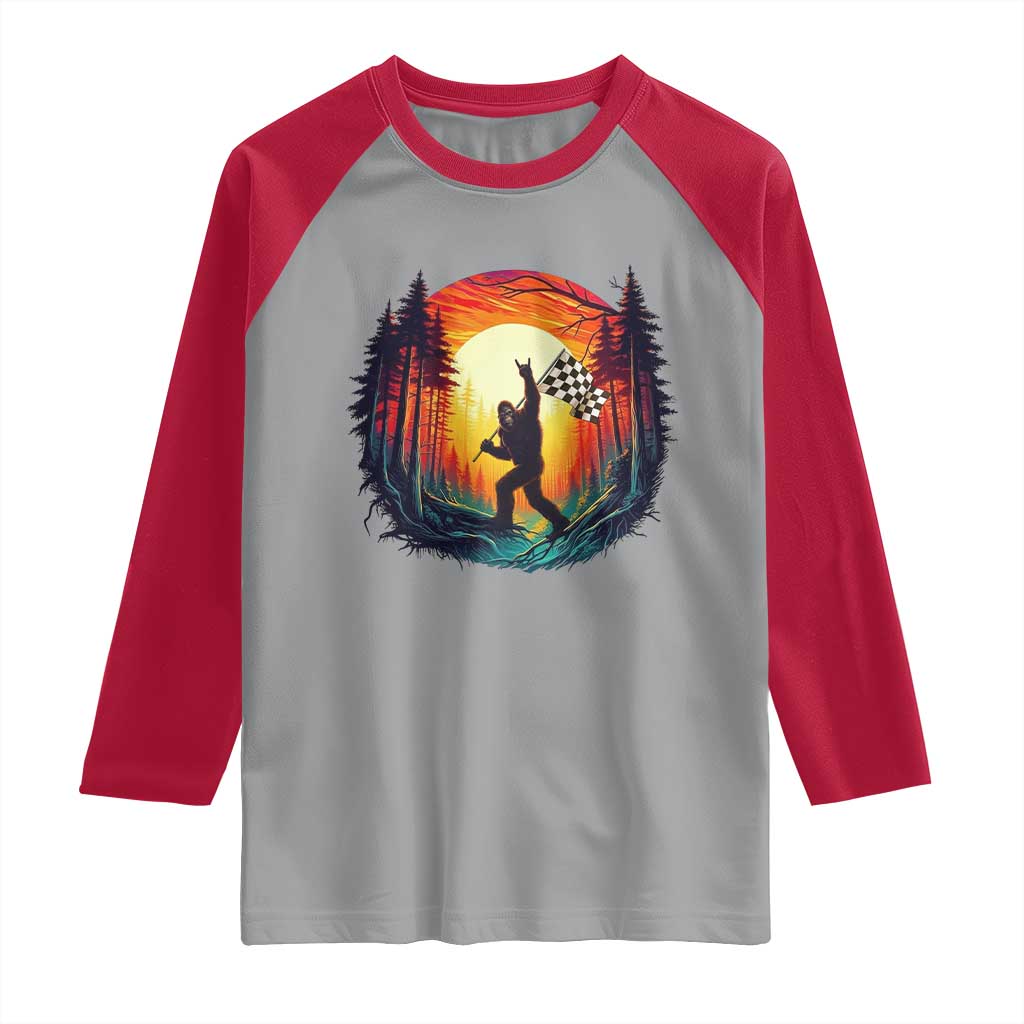 Bigfoot Racing Raglan Shirt Sasquatch Checkered Flag TS14 Sport Gray Red Print Your Wear