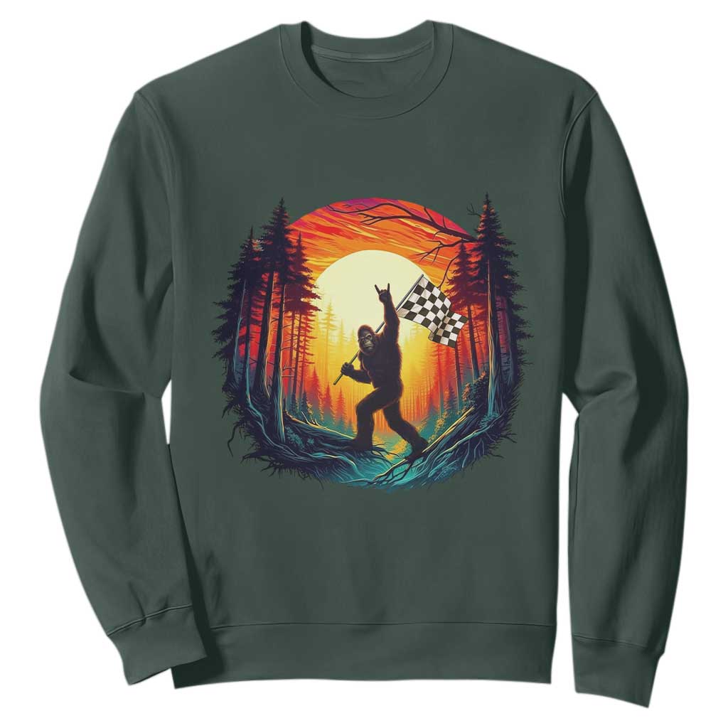 Bigfoot Racing Sweatshirt Sasquatch Checkered Flag TS14 Dark Forest Green Print Your Wear