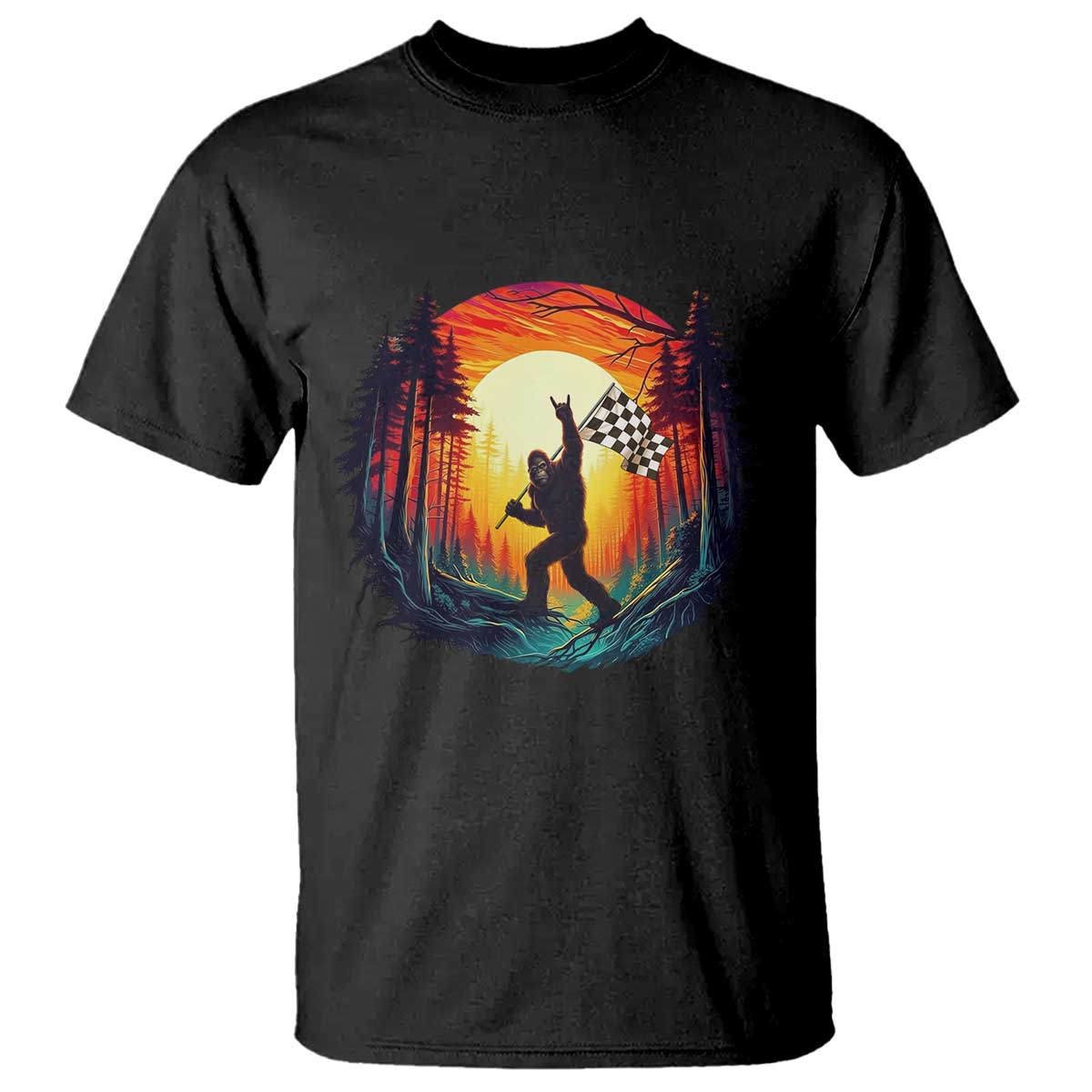 Bigfoot Racing T Shirt Sasquatch Checkered Flag TS14 Black Print Your Wear