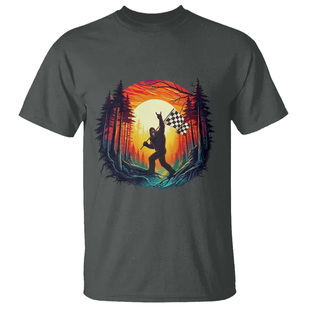 Bigfoot Racing T Shirt Sasquatch Checkered Flag TS14 Dark Heather Print Your Wear
