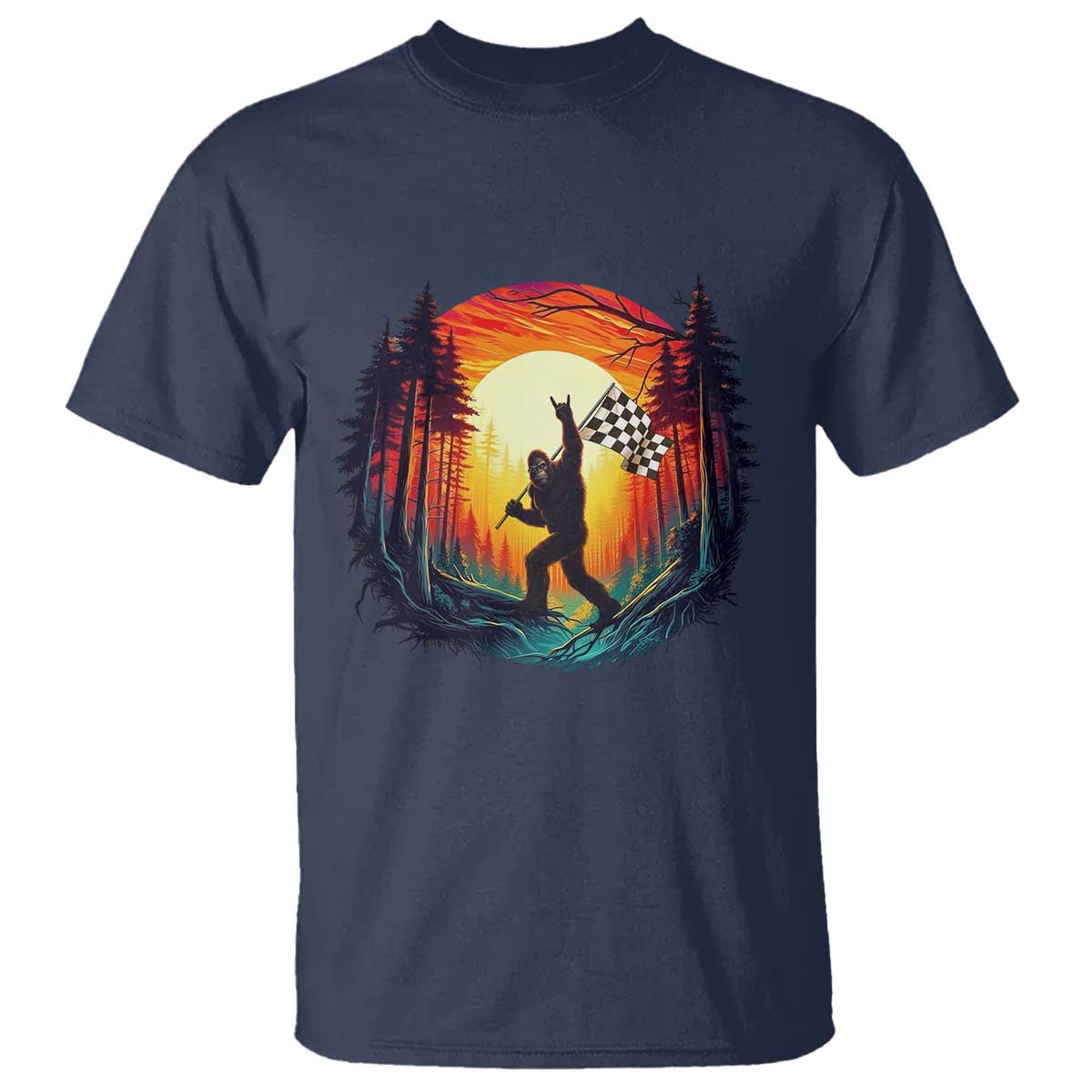 Bigfoot Racing T Shirt Sasquatch Checkered Flag TS14 Navy Print Your Wear