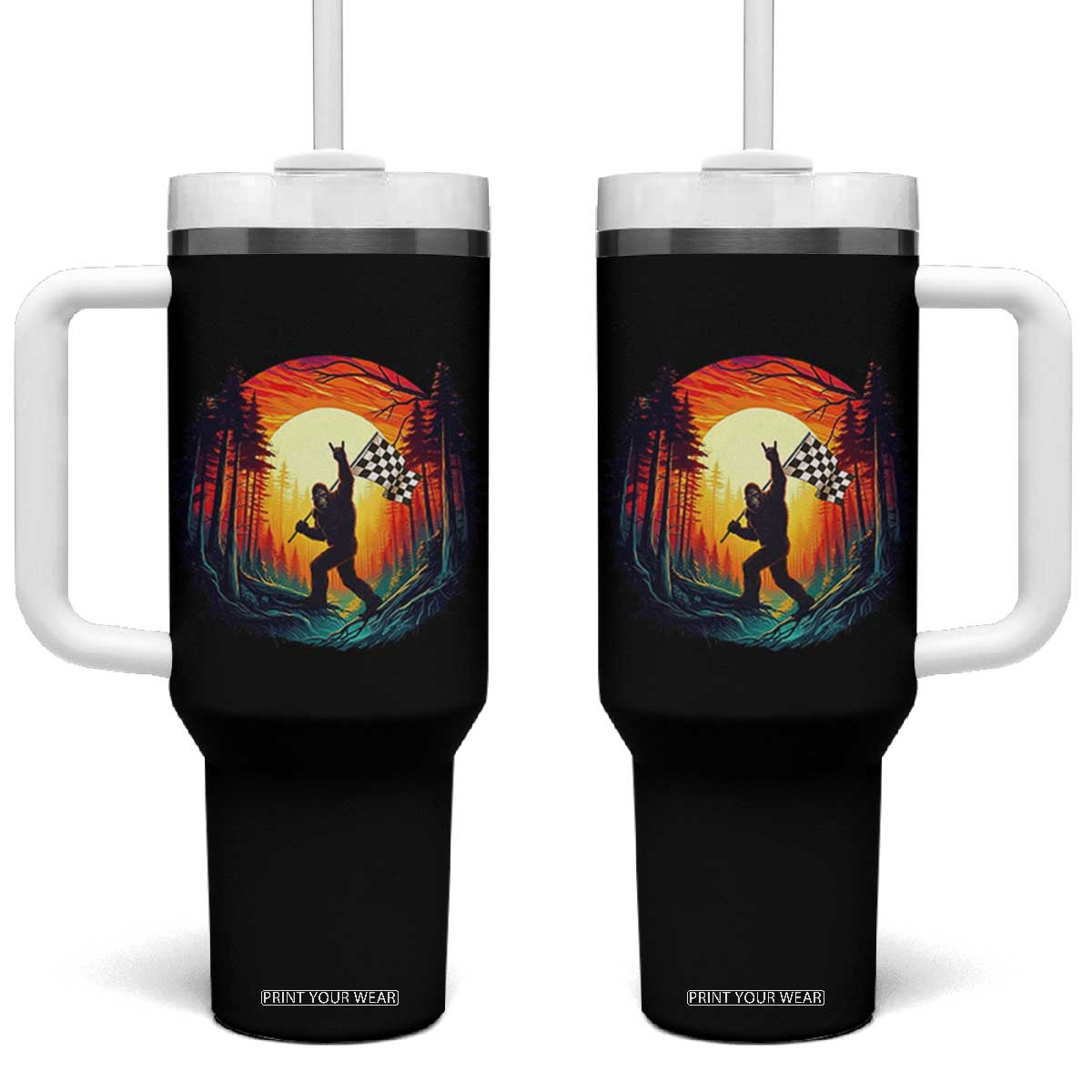 Bigfoot Racing Tumbler With Handle Sasquatch Checkered Flag TS14 One Size: 40 oz Black Print Your Wear