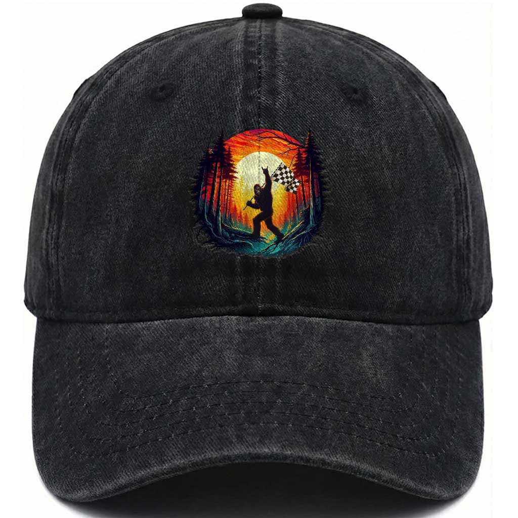 Bigfoot Racing Washed Cotton Baseball Cap Sasquatch Checkered Flag TS14 Washed Cap Universal Fit Black Print Your Wear