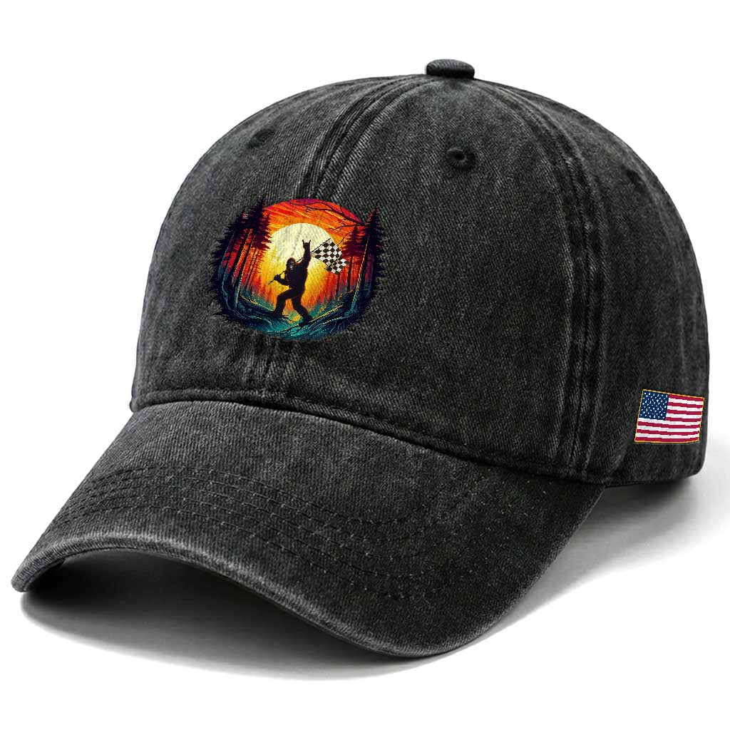 Bigfoot Racing Washed Cotton Baseball Cap Sasquatch Checkered Flag TS14 Print Your Wear