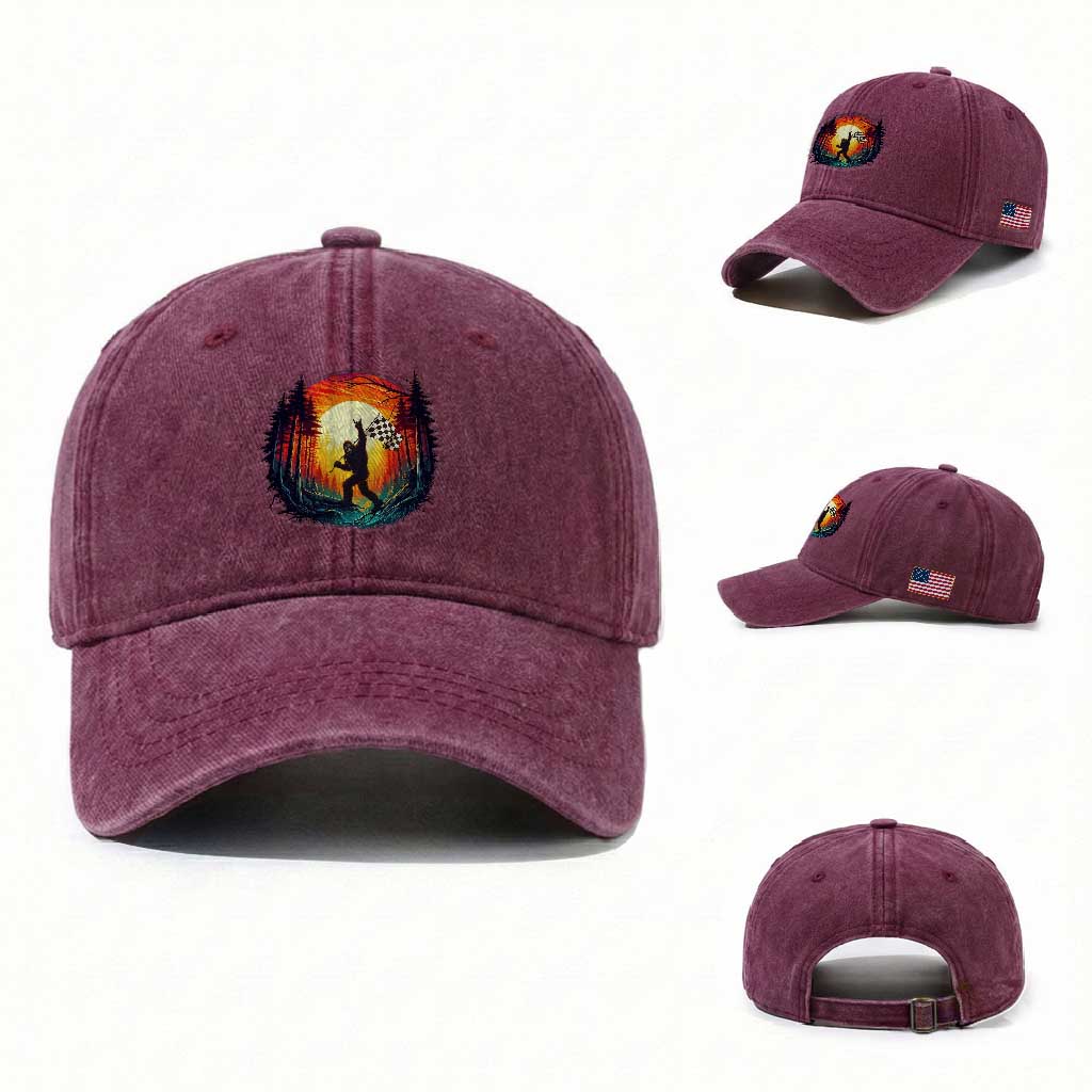 Bigfoot Racing Washed Cotton Baseball Cap Sasquatch Checkered Flag TS14 Washed Cap Universal Fit Burgundy Print Your Wear
