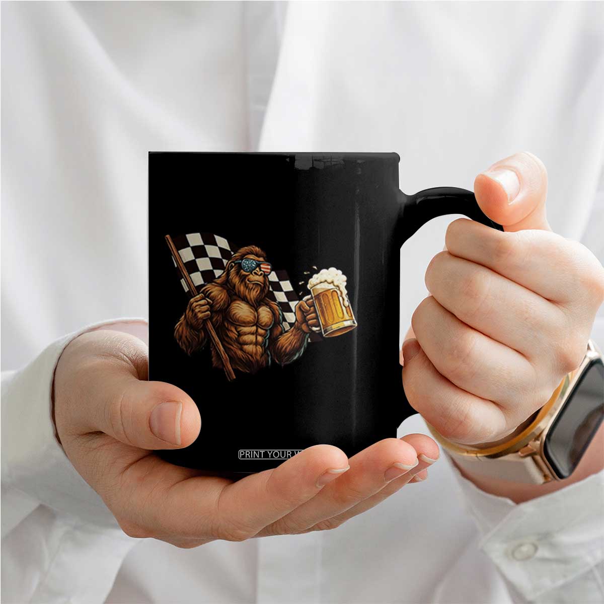 Funny Bigfoot Coffee Mug Sasquatch Drinking Beer Racing Car TS14 Print Your Wear