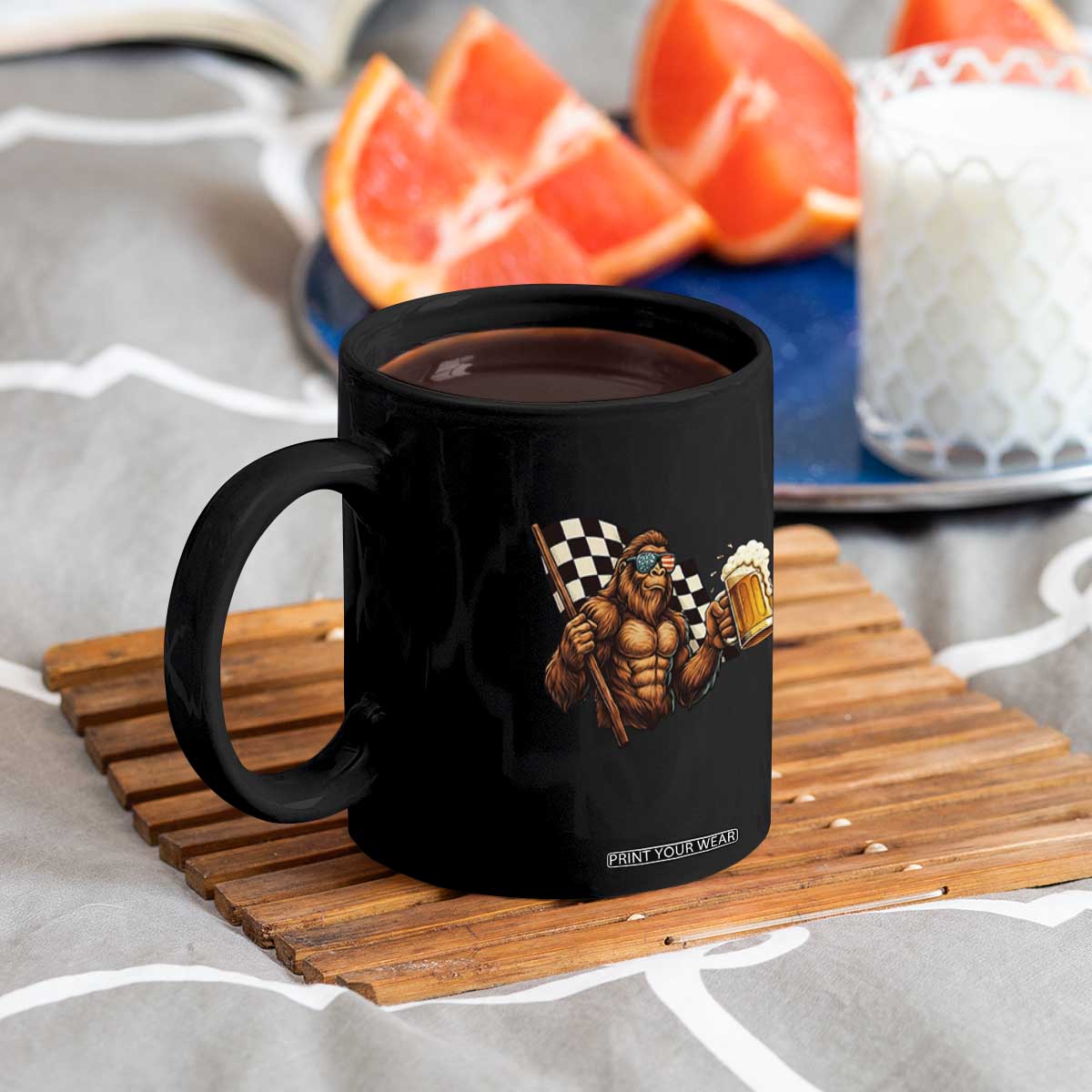 Funny Bigfoot Coffee Mug Sasquatch Drinking Beer Racing Car TS14 Print Your Wear