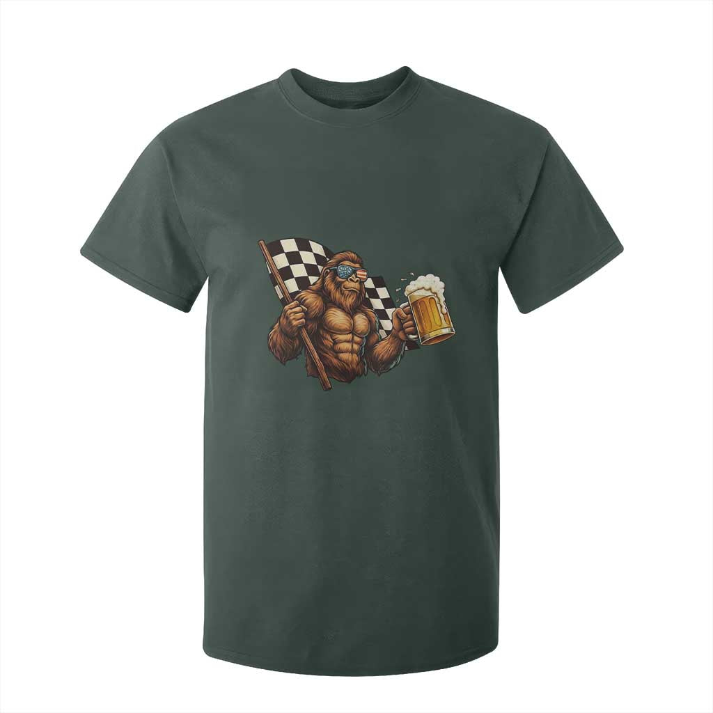 Funny Bigfoot T Shirt For Kid Sasquatch Drinking Beer Racing Car TS14 Dark Forest Green Print Your Wear