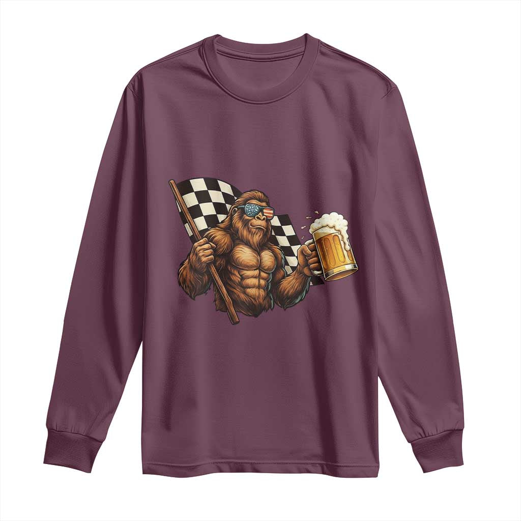 Funny Bigfoot Long Sleeve Shirt Sasquatch Drinking Beer Racing Car TS14 Maroon Print Your Wear