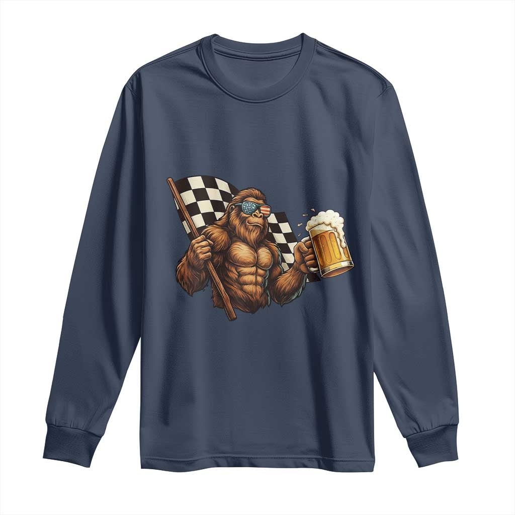 Funny Bigfoot Long Sleeve Shirt Sasquatch Drinking Beer Racing Car TS14 Navy Print Your Wear