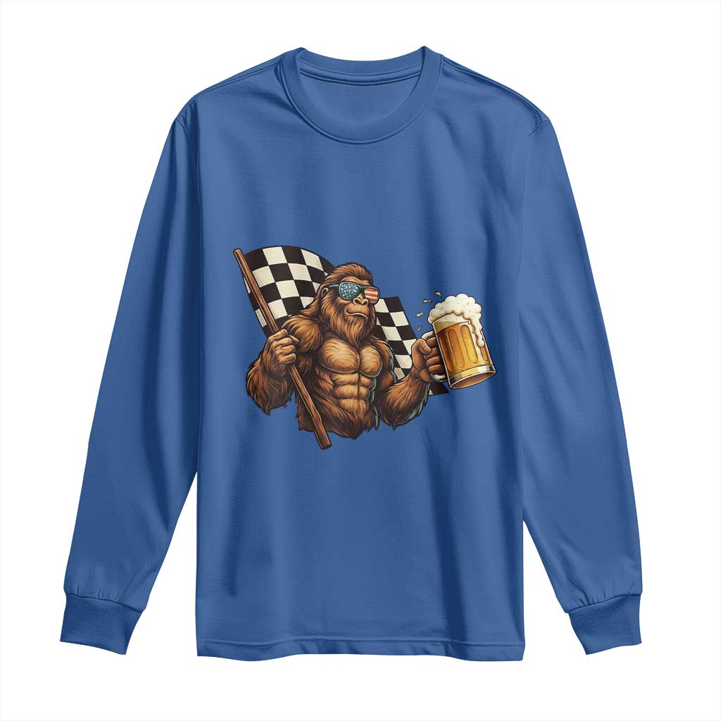 Funny Bigfoot Long Sleeve Shirt Sasquatch Drinking Beer Racing Car TS14 Royal Blue Print Your Wear