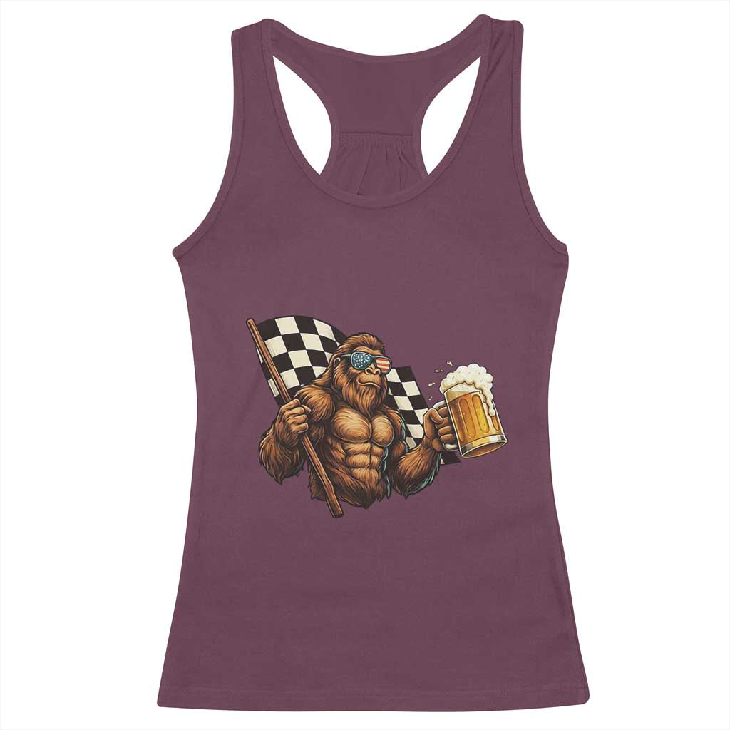 Funny Bigfoot Racerback Tank Top Sasquatch Drinking Beer Racing Car TS14 Maroon Print Your Wear
