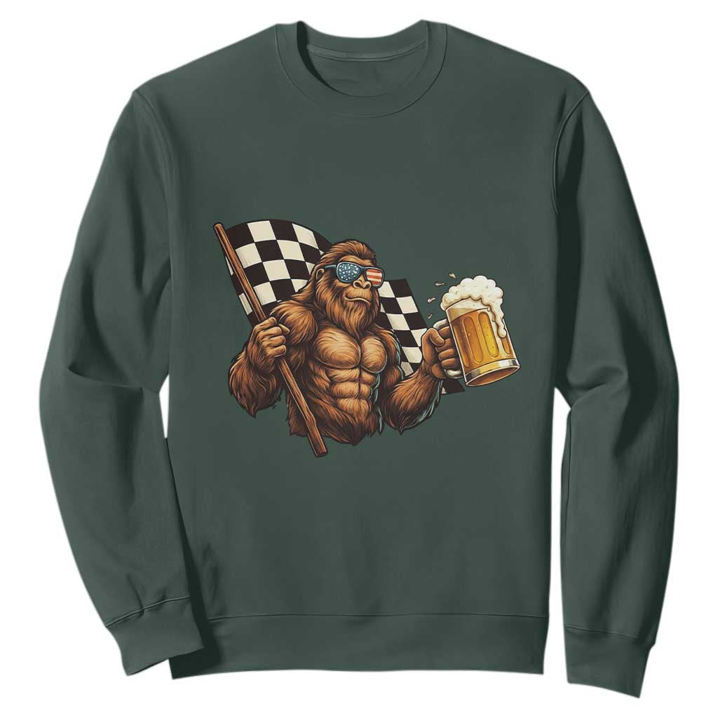 Funny Bigfoot Sweatshirt Sasquatch Drinking Beer Racing Car TS14 Dark Forest Green Print Your Wear