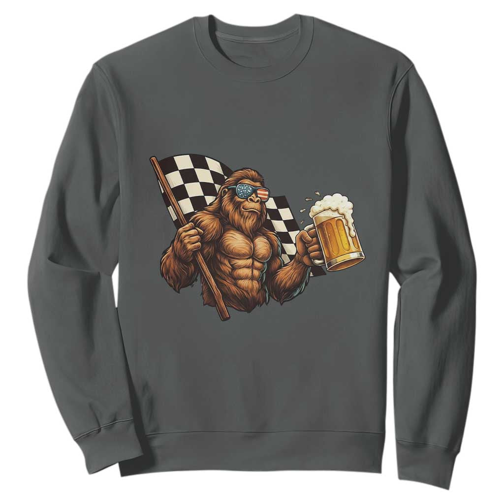 Funny Bigfoot Sweatshirt Sasquatch Drinking Beer Racing Car TS14 Dark Heather Print Your Wear