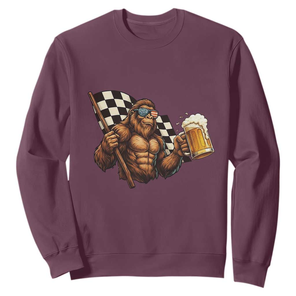 Funny Bigfoot Sweatshirt Sasquatch Drinking Beer Racing Car TS14 Maroon Print Your Wear