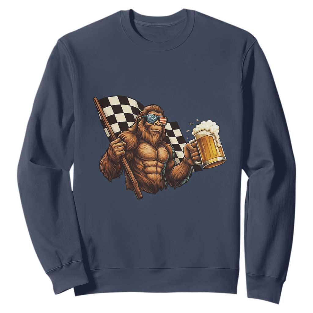 Funny Bigfoot Sweatshirt Sasquatch Drinking Beer Racing Car TS14 Navy Print Your Wear