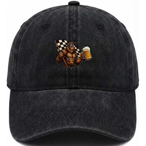 Funny Bigfoot Washed Cotton Baseball Cap Sasquatch Drinking Beer Racing Car TS14 Washed Cap Universal Fit Black Print Your Wear