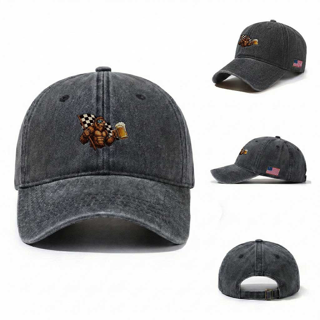 Funny Bigfoot Washed Cotton Baseball Cap Sasquatch Drinking Beer Racing Car TS14 Washed Cap Universal Fit Dark Gray Print Your Wear