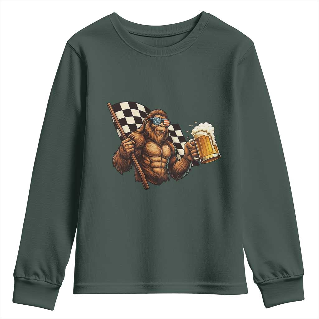 Funny Bigfoot Youth Sweatshirt Sasquatch Drinking Beer Racing Car TS14 Dark Forest Green Print Your Wear