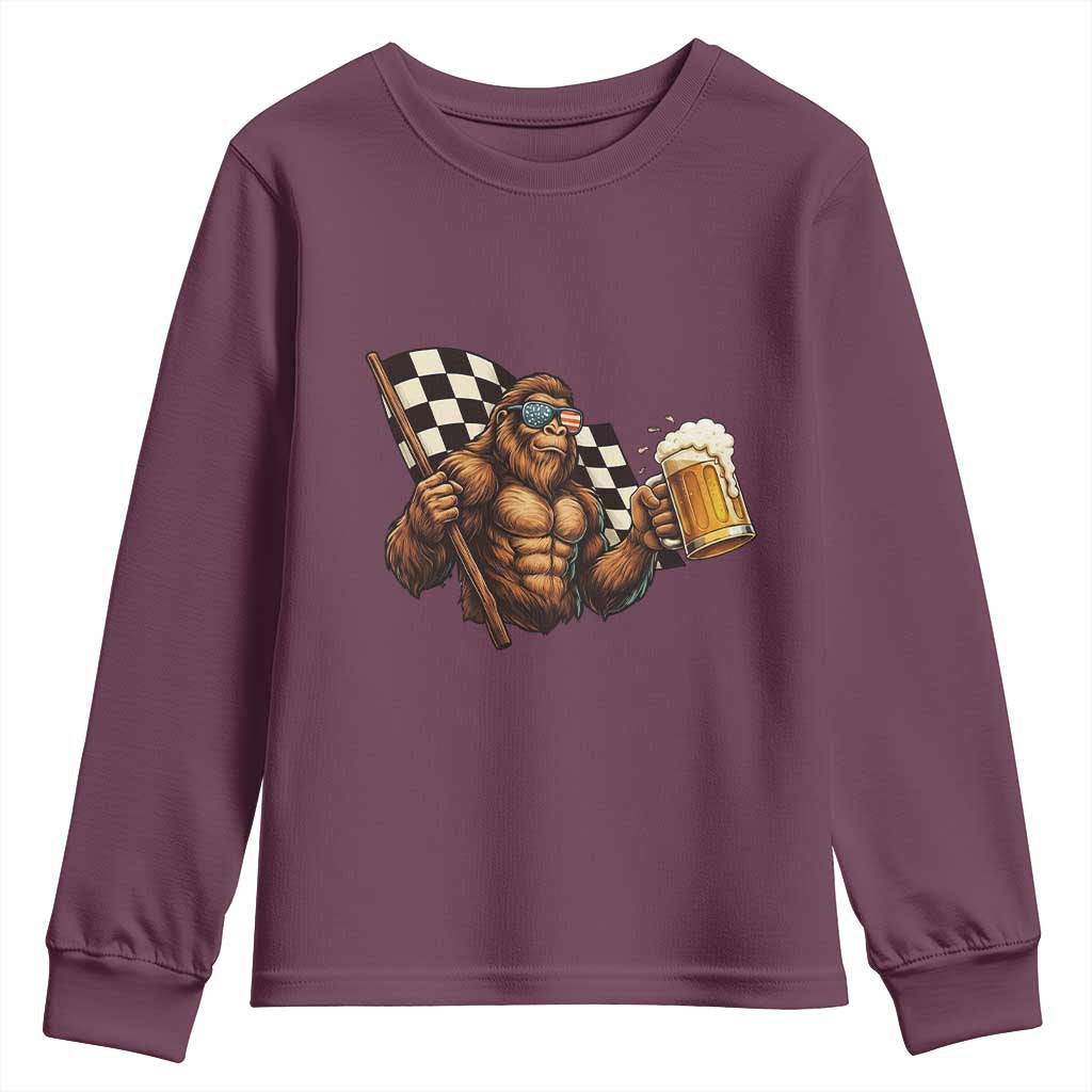 Funny Bigfoot Youth Sweatshirt Sasquatch Drinking Beer Racing Car TS14 Maroon Print Your Wear