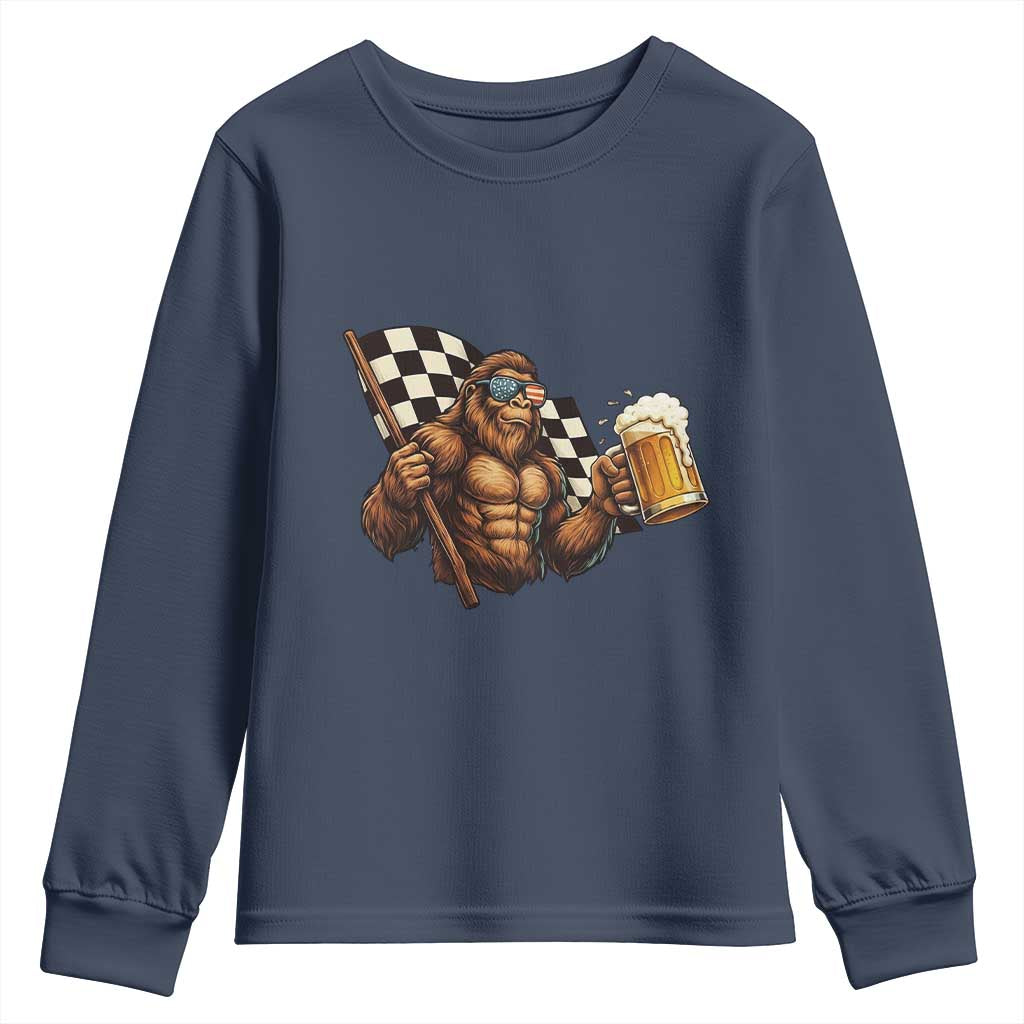 Funny Bigfoot Youth Sweatshirt Sasquatch Drinking Beer Racing Car TS14 Navy Print Your Wear
